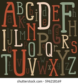 Original alphabet of colored letters of different sizes on a dark background. Vector illustration.