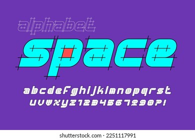 Original alphabet design, futuristic style, stylish characters set. Vector illustration. 15 degree skew