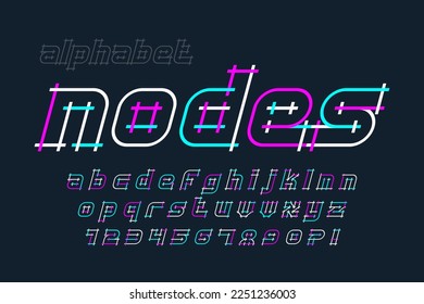 Original alphabet design, futuristic style, stylish characters set. Vector illustration. 15 degree skew