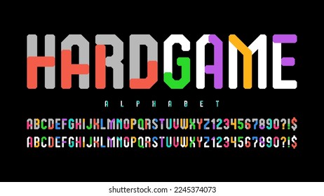Original alphabet design, gaming style, colorful characters set. 