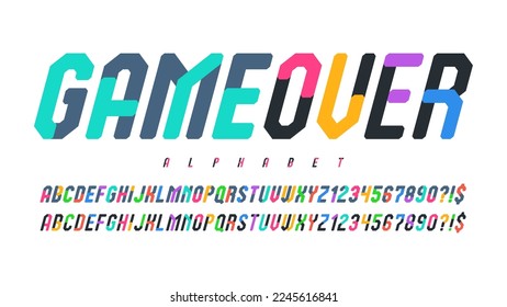 Original alphabet design, gaming style, colorful characters set. Colorful 15 degree skew