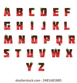  Original-Alphabet mit Erdbeermuster mit geschmolzener dunkler Schokolade und grünem Erdbeerschwanz, für Designs, Poster oder Banner