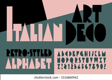 An original alphabet in the style of Italian Art Deco poster graphics from the 1920s and 1930s.