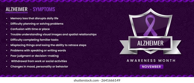 Original Alzheimer Awareness ribbon with Symptoms, Shield Design with Pattern Based Background.