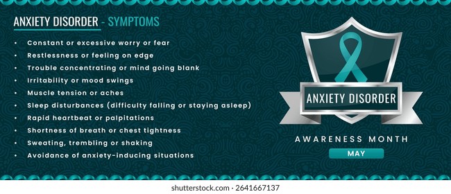 Original Anxiety Disorder Awareness ribbon with Symptoms, Shield Design with Pattern Based Background.