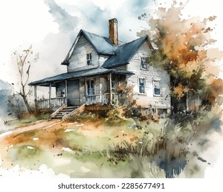 original art, watercolor painting of rural barn
