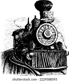 Original artwork of an old style steam locomotive, from the front, black and white illustration. Smokestack and light, on railroad tracks.