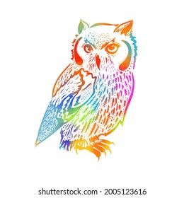 original artwork of owl, ink hand drawing in ethnic style, vector illustration in Multicolored . Mixed media. Vector illustration
