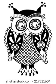 original artwork of owl, ink hand drawing in ethnic style, vector illustration in black end white colors