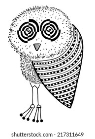 original artwork of owl, ink hand drawing in ethnic style, vector illustration in black end white colors