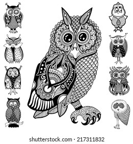 original artwork of owl, ink hand drawing in ethnic style collection, vector illustration in black end white colors