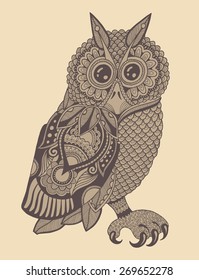 original artwork of owl, ink hand drawing in ethnic style, vector illustration