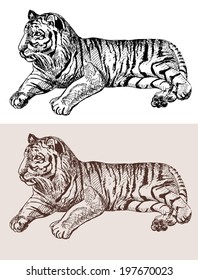 original artwork tiger, black sketch drawing animal, isolated on white background, and sepia color version, vector llustration