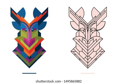 original authentic decorative mask line-art and flat colors views