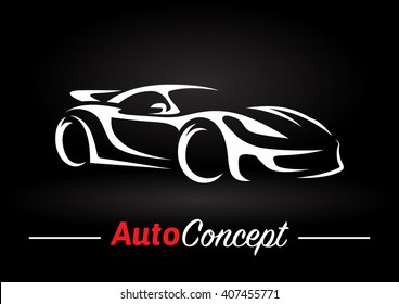 Original auto motor concept design of a super sports vehicle car silhouette on black background. Vector illustration.