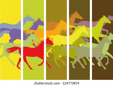 Original background with cut colorful silhouettes of running horses.