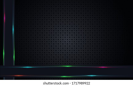 An original background pattern of geometric shapes. The template with the texture of the paper is evenly filled with small black indented dots and inserts with shiny highlights of different colors.  