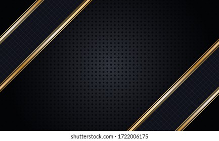 Original background pattern of geometric shapes. The pattern with the texture of the paper is evenly filled with small black toothed dots, gold accents and squares. Vector graphics on a black backgrou