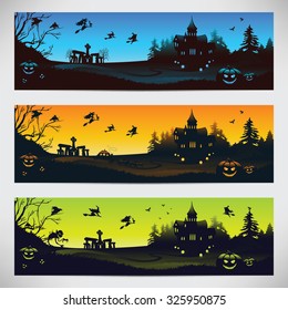 Original backgrounds for Halloween day. Set of three horizontal banners. Vector illustration.