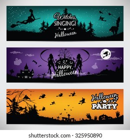 Original backgrounds for Halloween day. Set of three horizontal banners. Vector illustration.