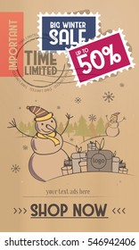 The original banner big winter sale with drawing snowman, gifts and snowflakes