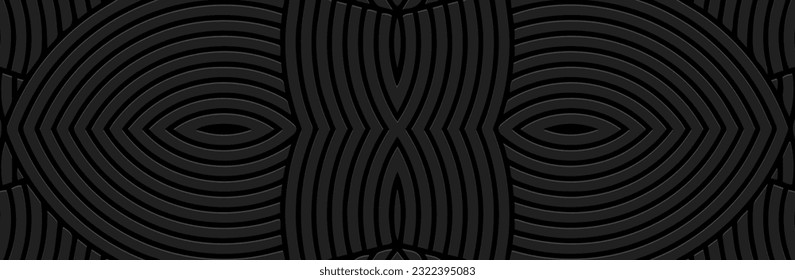 Original banner, cover design. Embossed 3D boho pattern of lines and contours. Geometric black background. Tribal color, heritage of the peoples of the East, Asia, India, Mexico, Aztec, Peru.