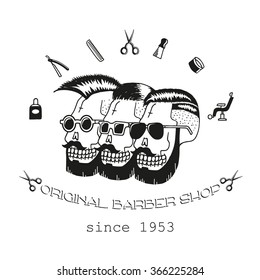Original Barber shop. Three skulls with different stylish hairstyles. Trendy elements about hairdresser theme. Hipster logotype. Isolated. 