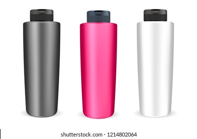 Original bath cosmetics product bottle mockup. Packaging for shampoo, shower gel, hair mask. Three color design set: black and white mode and red. Vector illustration.