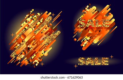 The original beautiful combination of abstraction of modern style with a composition of various rounded figures in the actual color palette is golden and shiny, with the text "sale." Vector image