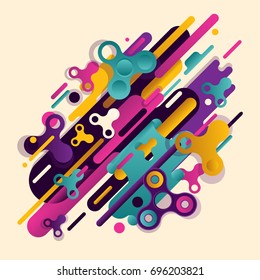 Original beautiful combination of abstraction of modern style with a composition of various rounded figures and spinners in a real color palette. Vector illustration.