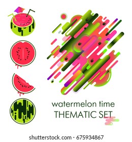 Original beautiful combination set. Modern style abstraction with composition made of various rounded shapes in actual color palette. Watermelon abstraction. Vector illustration.