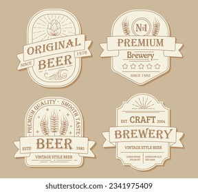 Original beer labels set. Hop products alcoholic beverages. Craft brewery. Design emblems, premium quality. Template, layout and mock up. Cartoon flat vector collection isolated on beige background