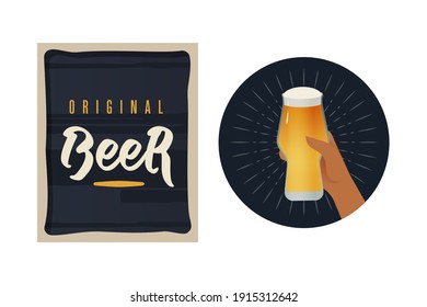 Cerveza original. Ilustración vectorial moderna. Grabar composición con elementos decorativos en el marco. Insignia con vidrio de cerveza de mano. Anuncios de medios sociales. 