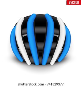 Original Bicycle Helmet model. Front view. Protection for Travelling and mountain bike. White and blue color. Vector Illustration isolated on white background.