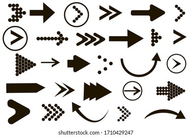 Original black arrows on a white background of completely different shapes, curved, angled, straight. Pointers of different types. Vector illustration. Stock drawing.