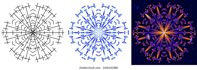 The original black, blue snowflake with a gradient fill, multicolored against a dark blue sky with bright stars. For the design of winter themes. Background for packaging, fabric.