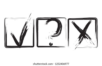 Original Black Check Marks Set in Square Boxes. Brush Grunge Tick, Cross and Question Mark Icons Vector Design. Voting Icons Elements Isolated on White. New Test Marks Collection. EPS 10.