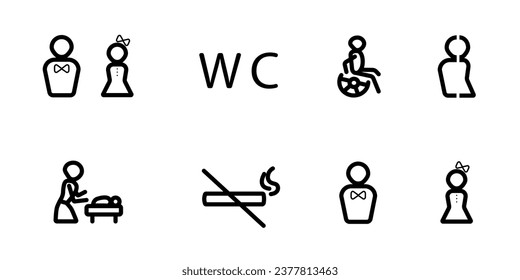 Original black line icon set of wc and toilet signs, creative vector restroom symbols