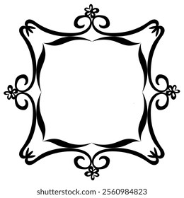 Original black rectangular frame of unusual shape on a white background decorated with an abstract pattern