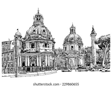 original black and white digital drawing of Rome Italy cityscape for your travel card design, basilica sketch, vector illustration