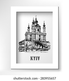 original black and white digital drawing of Saint Andrew orthodox church by Rastrelli in Kyiv (Kiev), Ukraine, engraving style in white minimalistic frame, vector illustration