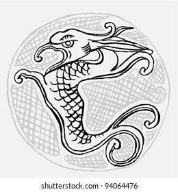 Original black and white drawing of an dragon on white background