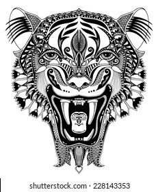 original black and white head tiger drawing with the opened fall, isolated on white background, perfect for tattoo design, vector illustration