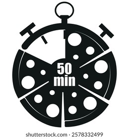 original black and white icon for delivery service with a stopwatch dial and pizza slices and 50 minutes signaling the time of delivery of products, for posters, banners or stickers