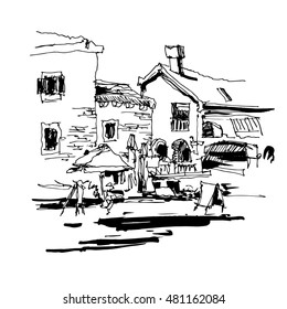 original black and white ink sketch drawing of ancient fort in Petrovac Montenegro, Balkans, Adriatic sea, Europe, travel vector illustration