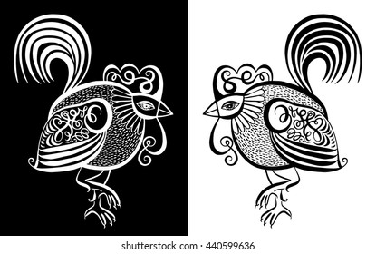 original black and white line art rooster calligraphy drawing, symbol of 2017 new year, vector illustration