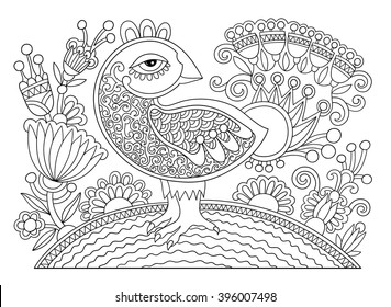 original black and white line drawing page of coloring book  bird and flower joy to older children and adult colorists, who like line art and creation, vector illustration