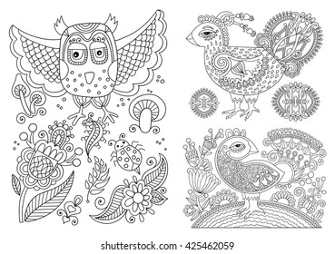 original black and white line drawing page of coloring book bird and flower joy to older children and adult colorists, who like line art and creation, vector illustration