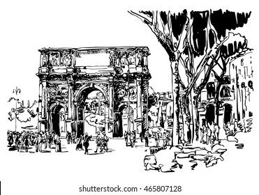 original black and white sketch digital drawing Rome Italy landmark - arch of Konstantine (Arco Constantino) with trees and travel people, vector illustration