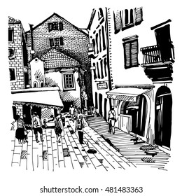 original black and white sketch drawing of Kotor street Montenegro, vintage touristic postcard, vector illustration 